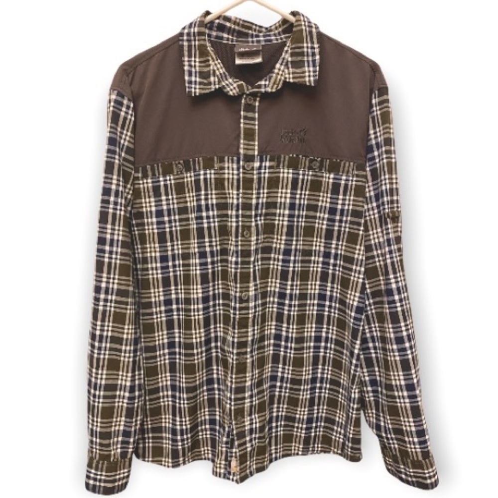 Jack Wolfskin Fishing Shirt, Long Sleeve Outdoor Active Plaid, Vented Gray, Sz L